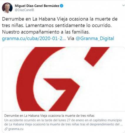 Tuit de Miguel Díaz-Canel sobre derrumbe