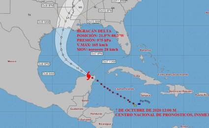Cono de probabilidades del huracán Delta. 7 de octubre, 12 p.m.