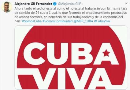 Tuit de Alejandro Gil Fernández, Ministro de Economía y Planificación