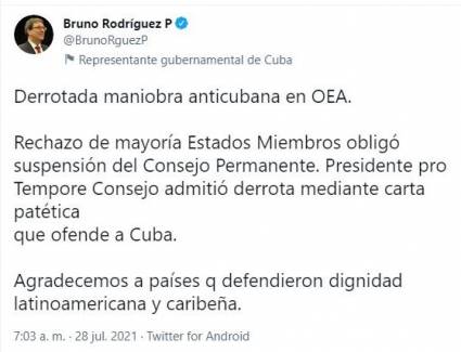 Tuit de Bruno Rodríguez Parrilla