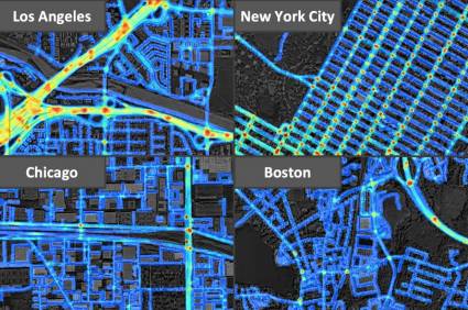 El conjunto de datos que se utilizó para crear mapas de riesgo de colisión abarcaba 7 500 kilómetros cuadrados de Los Ángeles, Nueva York, Chicago y Boston