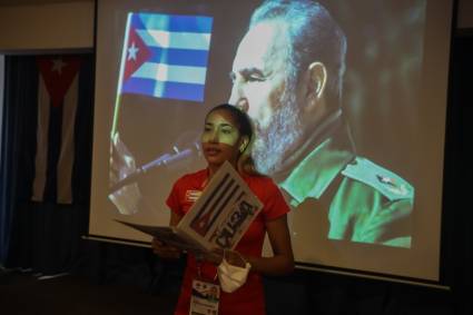 Acto homenaje de la delegación cubana a los I Juegos Panamericanos Júnior Cali 2021, por el quinto aniversario del fallecimiento del Líder Histórico de la Revolución, Fidel Castro Ruz, realizado en un salón del Hotel Spiwak, en Cali, Colombia, el 25 de noviembre de 2021. Foto: Roberto Morejón Rodríguez.