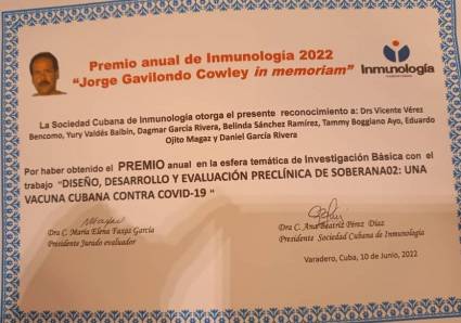 Premio anual de Inmunología 2022 "Jorge Gavilondo Cowley in memorian"